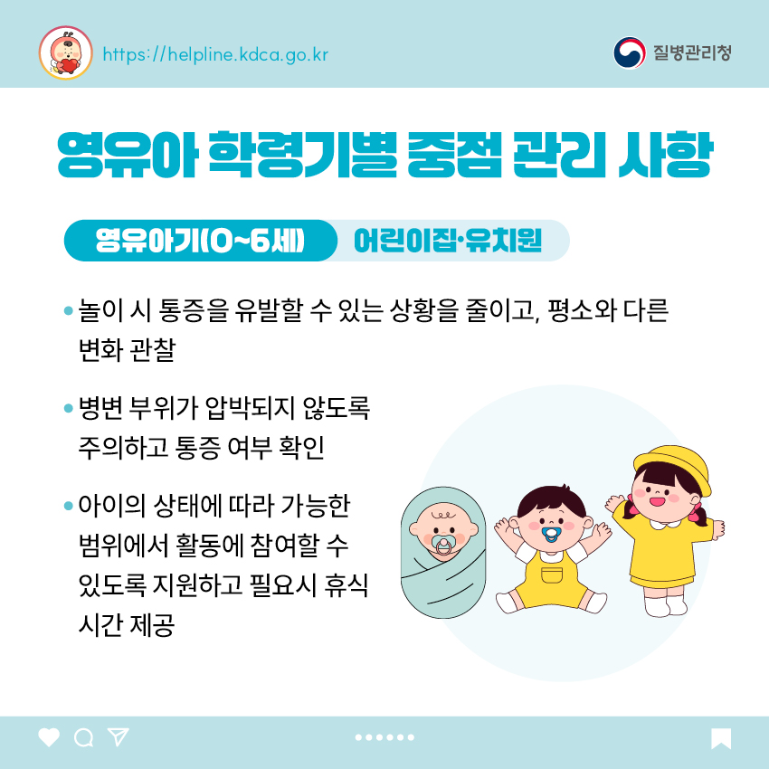 영유아 학령기별 중점 관리 사항 <영유아기(0~6세)> 어린이집·유치원 - 놀이 시 통증을 유발할 수 있는 상황을 줄이고, 평소와 다른 변화 관찰 - 병변 부위가 압박되지 않도록 주의하고 통증 여부 확인 - 아이의 상태에 따라 가능한 범위에서 활동에 참여할 수 있도록 지원하고 필요시 휴식 시간 제공